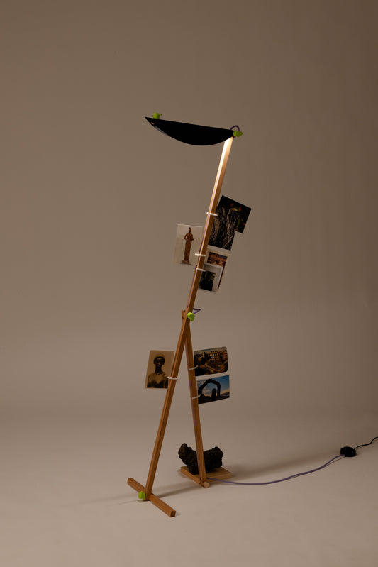 T floor lamp with HALFMOON shade and CLIP attachments