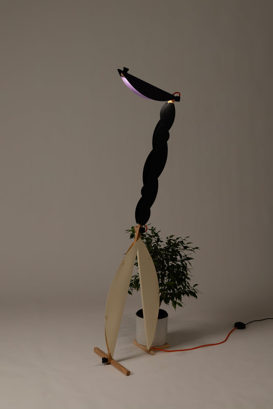 T floor lamp with HALFMOON add-on and shade & BLIP add-on