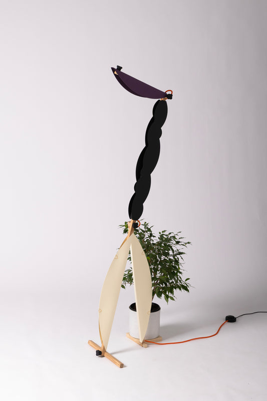 T floor lamp with HALFMOON add-on and shade & BLIP add-on